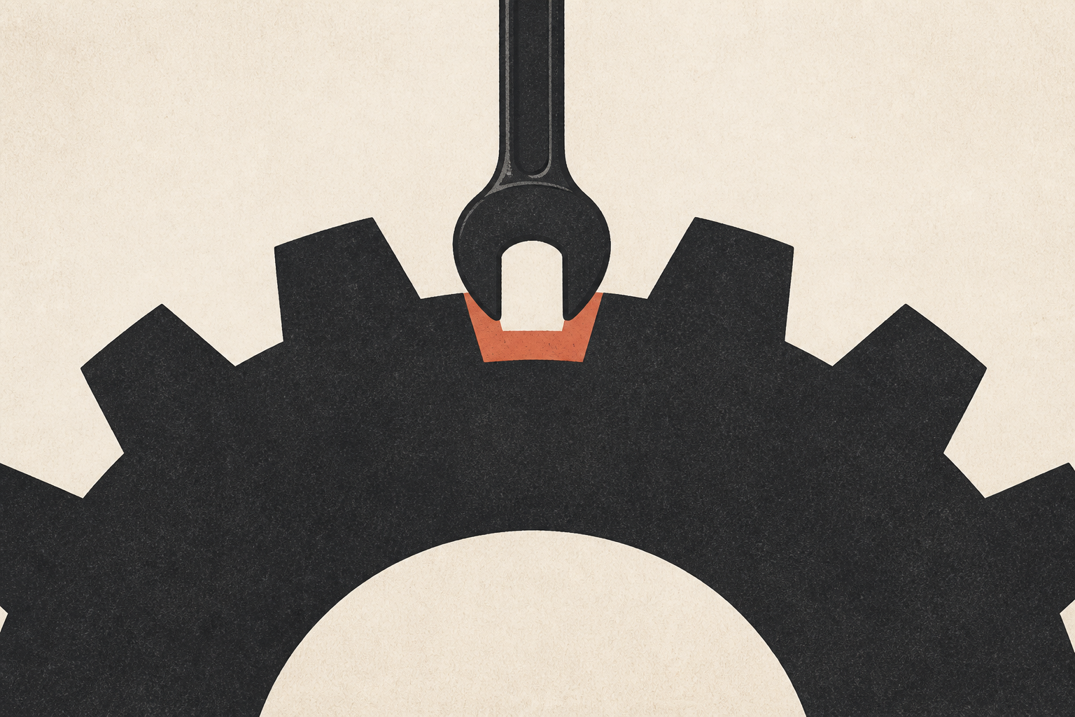 A small wrench seated in one narrow notch of a massive gear: a visual metaphor for a fit that capital cannot force.