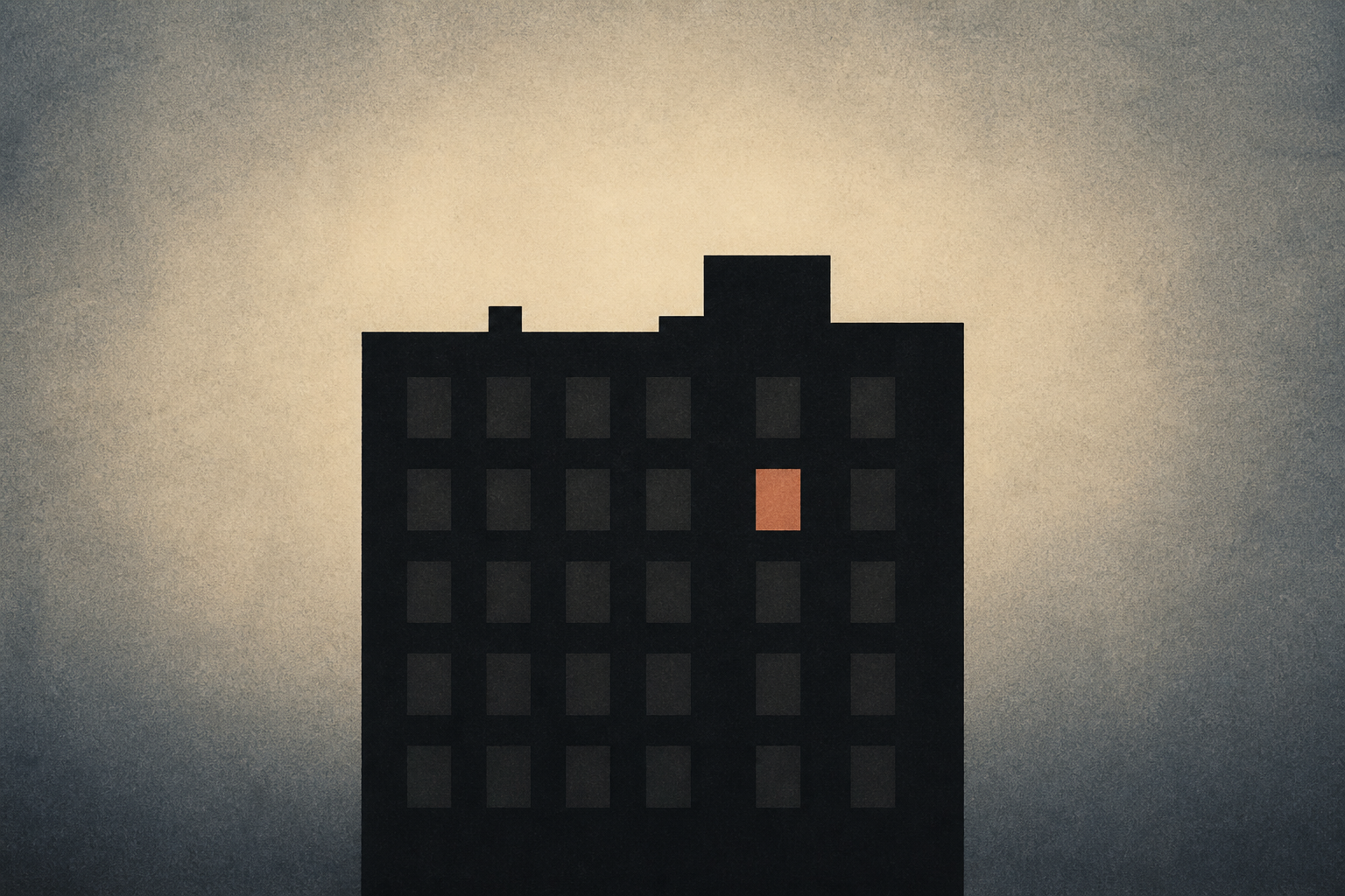 A dark building at dusk with one lit window: one question still open.